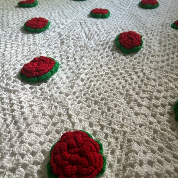 Vintage Boho Crochet Blanket with Red and Green Floral Rose Accents 104 inchX93 - Picture 11 of 16